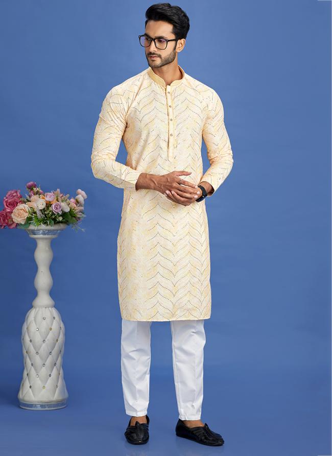 Cotton Yellow Festival Wear Embroidery Work Kurta Pajama